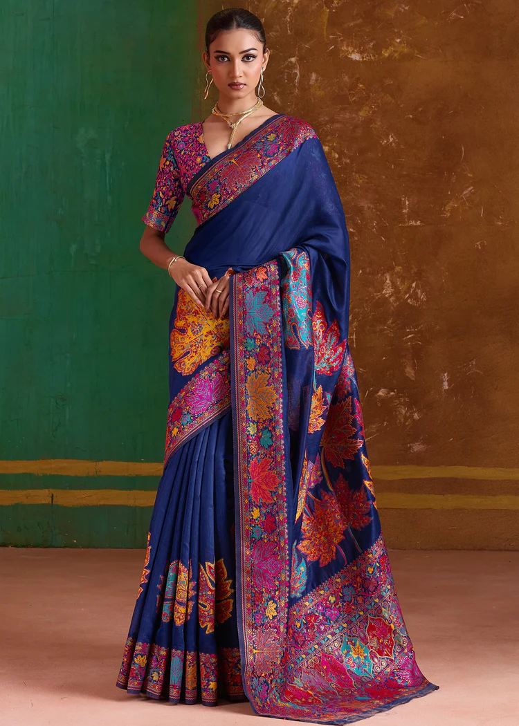 Royal Blue Pure Handloom Kashmiri Silk Saree